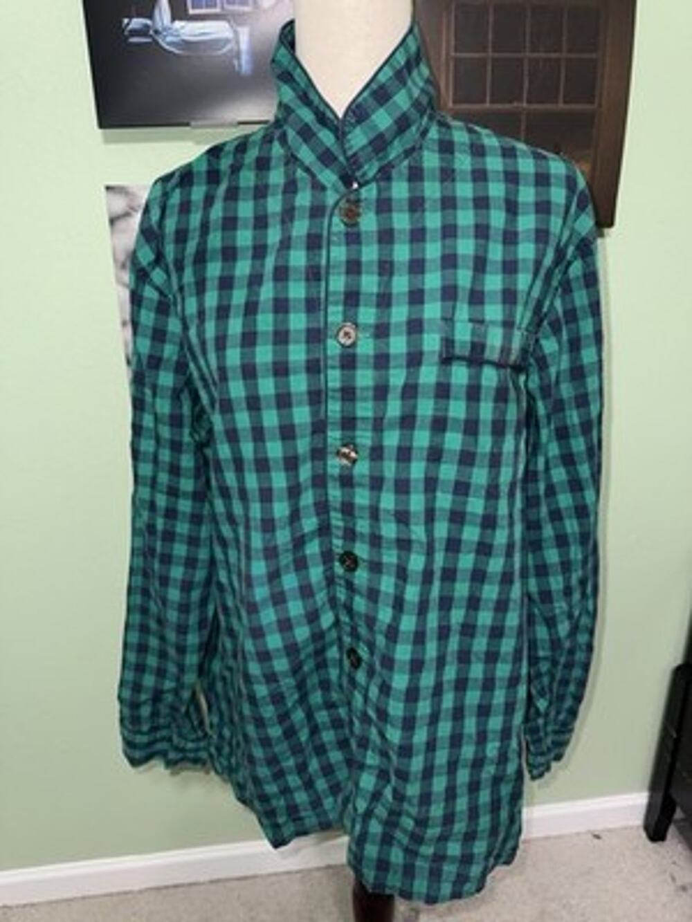 Lands' End Men's Large Green Navy Buffalo Check Plaid Flannel Sleep Shirt